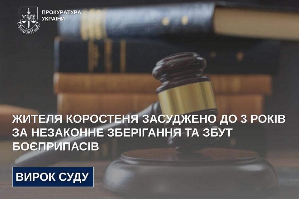 Жителя Коростеня засуджено до 3 років за незаконне зберігання та збут боєприпасів