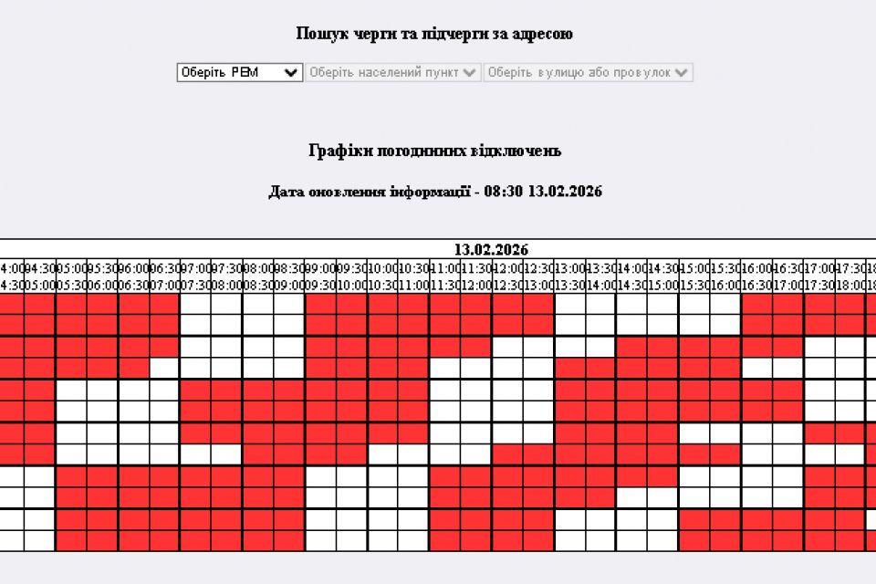 Погодинні графіки відключення електроенергії на Житомирщині 13-го лютого: 4 і 3,5 черги