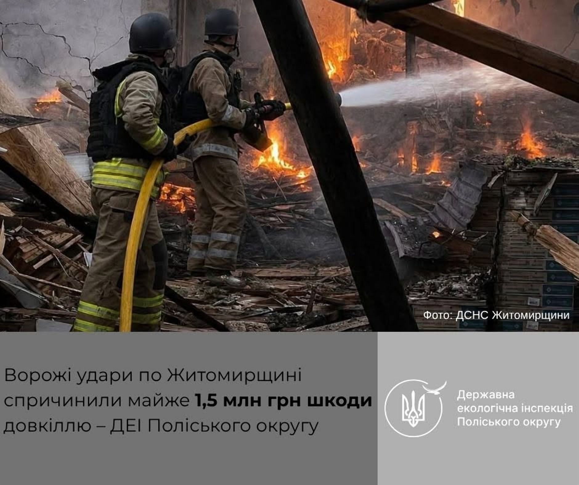 Майже 1,5 млн грн шкоди та тонни забруднюючих речовин в атмосферному повітрі: ДЕІ Поліського округу обрахувала наслідки ворожих атак на Житомирщині