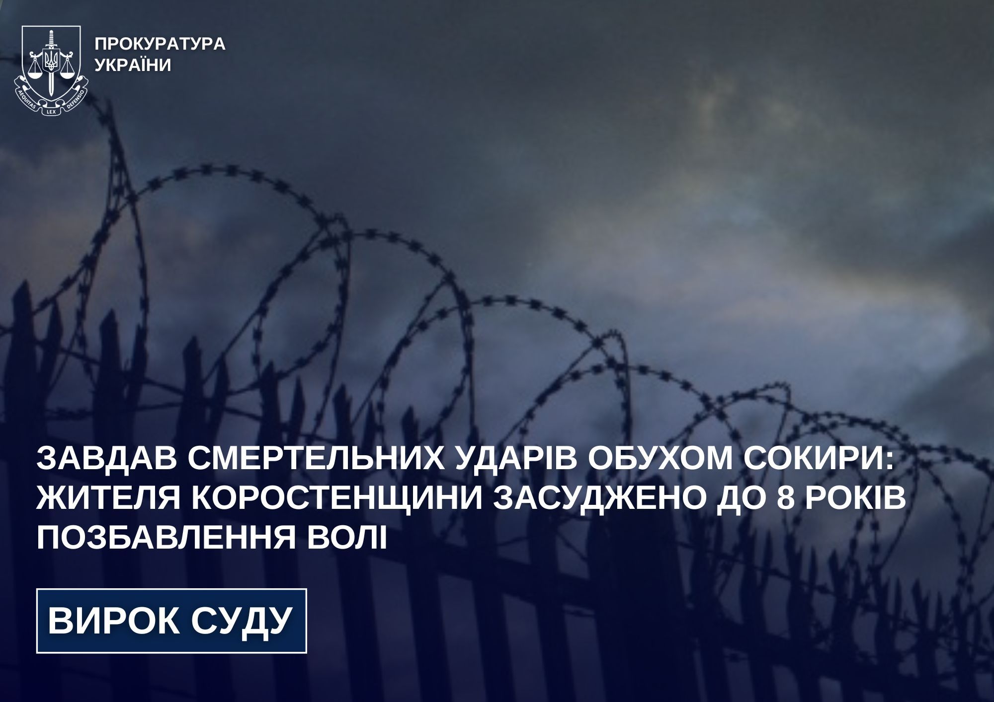 Жителя Коростенщини, який завдав знайомому смертельних ударів обухом сокири, засуджено до 8 років позбавлення волі