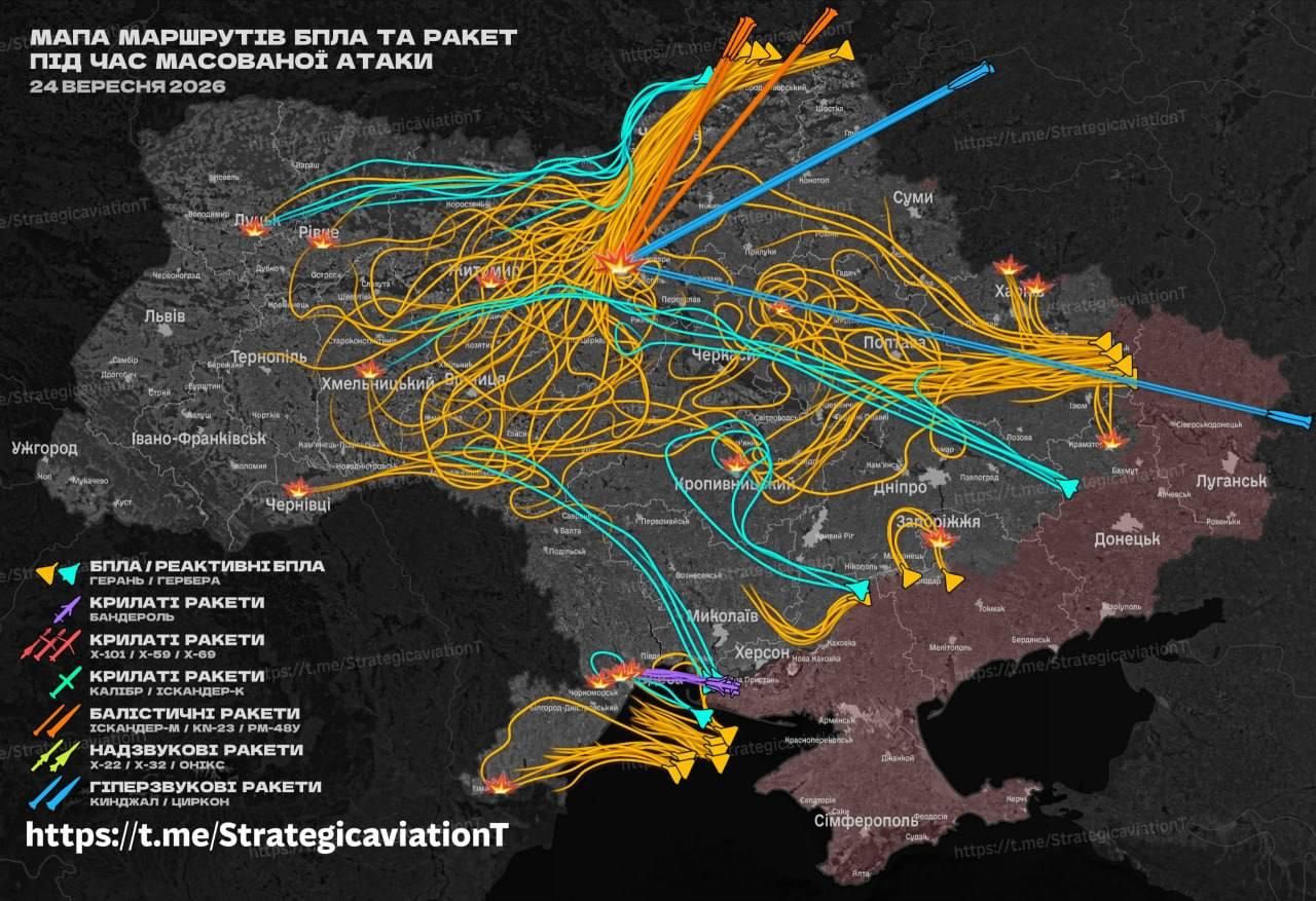 Монітори показали орієнтовний маршрут ракет та дронів під час атаки України в ніч на 24 вересня